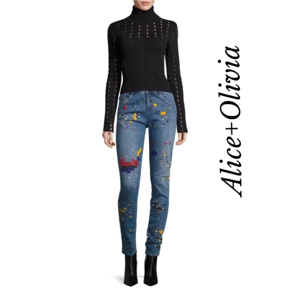 Alice + Olivia Joana Paint Splatter Skinny Jeans Stretch Pockets Zipper Size 26